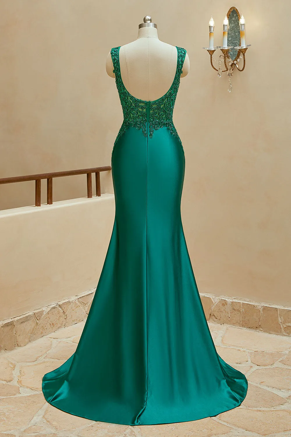 Luolandi Mermaid V Neck Satin Sleeveless Prom Dresses With Beaded Sexy Evening Dresses