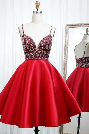 Luolandi Red Satin Beading Short Prom Dresses A-Line Homecoming Dresses Sexy
