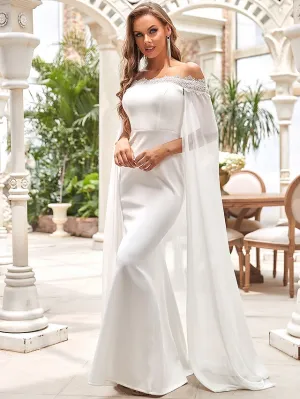 Luolandi Wedding Dresses Off Shoulder Chiffon Satin Lace Over Satin Sleeveless Simple with Draping