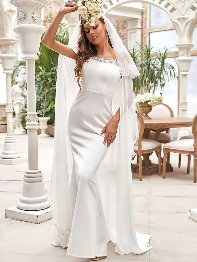 Luolandi Wedding Dresses Off Shoulder Chiffon Satin Lace Over Satin Sleeveless Simple with Draping
