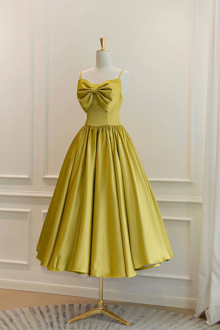 Luolandi Yellow Satin Short Prom Dresses Cute A-Line Bow Homecoming Dresses Pure Color