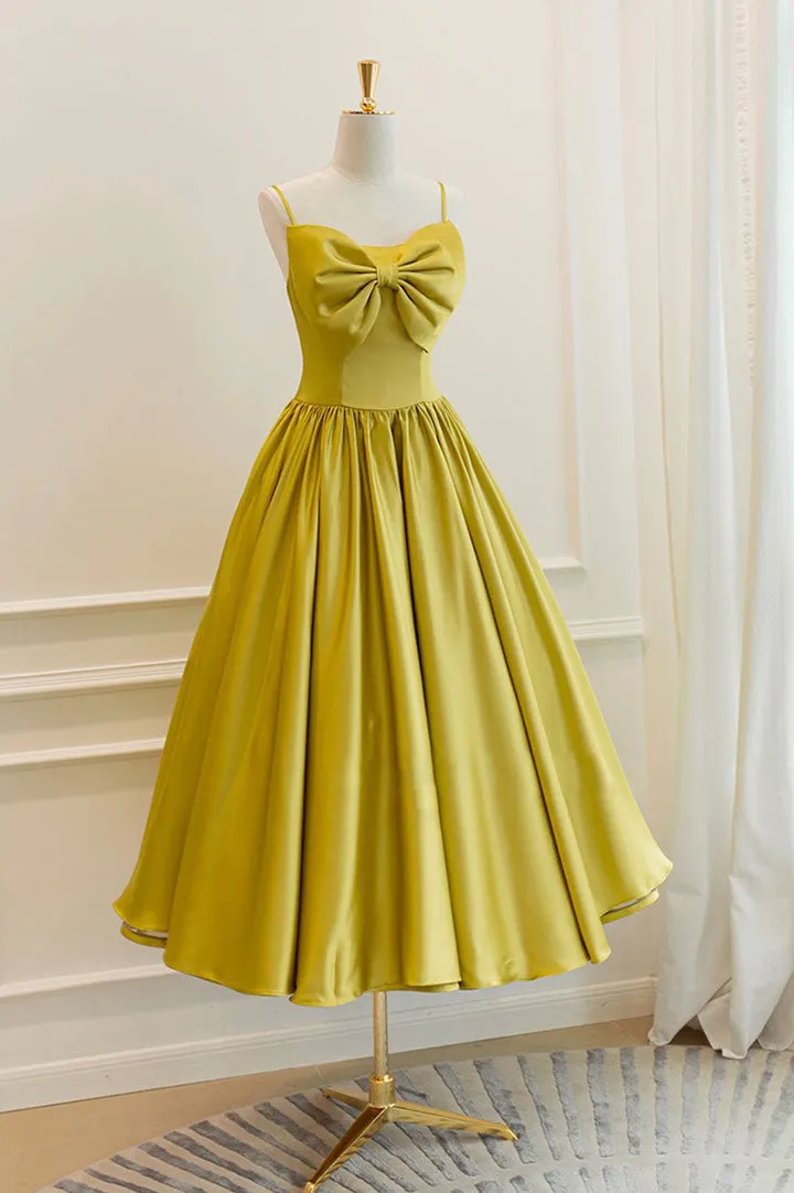 Luolandi Yellow Satin Short Prom Dresses Cute A-Line Bow Homecoming Dresses Pure Color