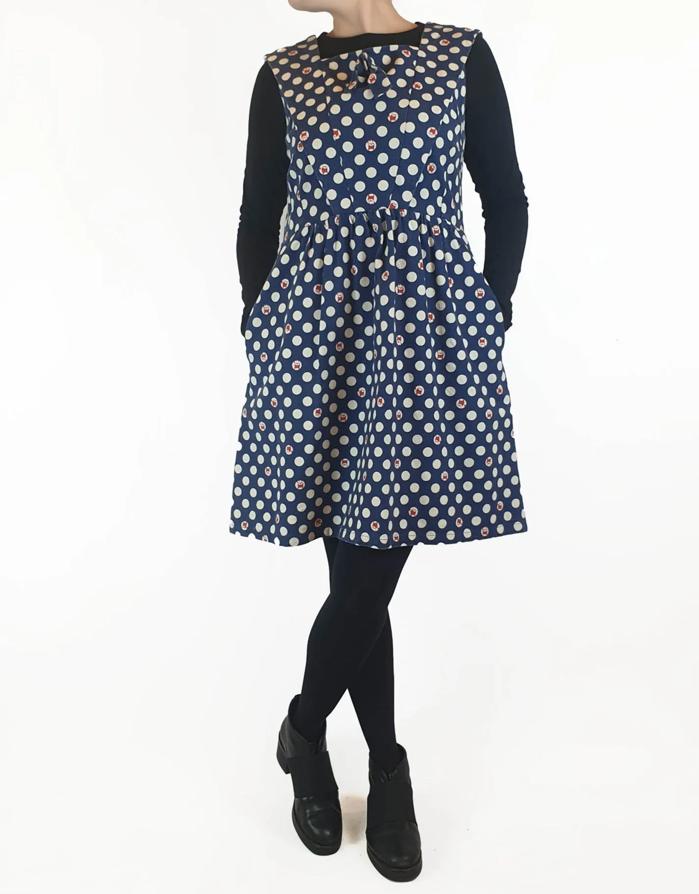 Made590 sleeveless blue and white polka dot dress with dog faces size M (best fits 10)
