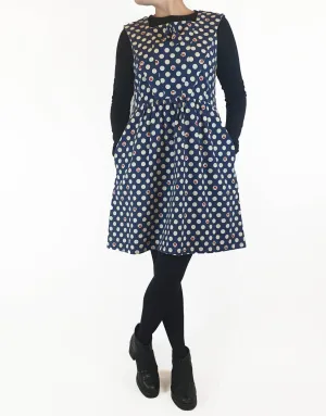 Made590 sleeveless blue and white polka dot dress with dog faces size M (best fits 10)