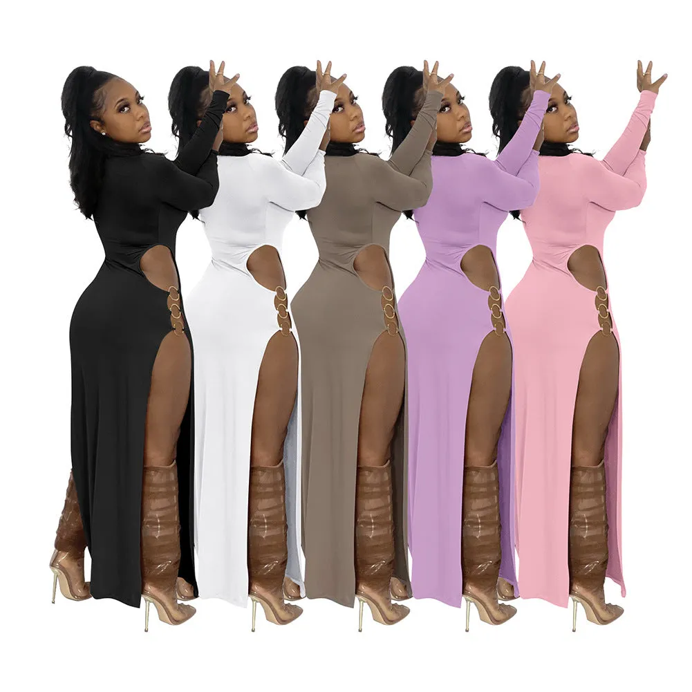 MB FASHION Long Sleeve Maxi Dress with High Slit and Chain Detail 8129R