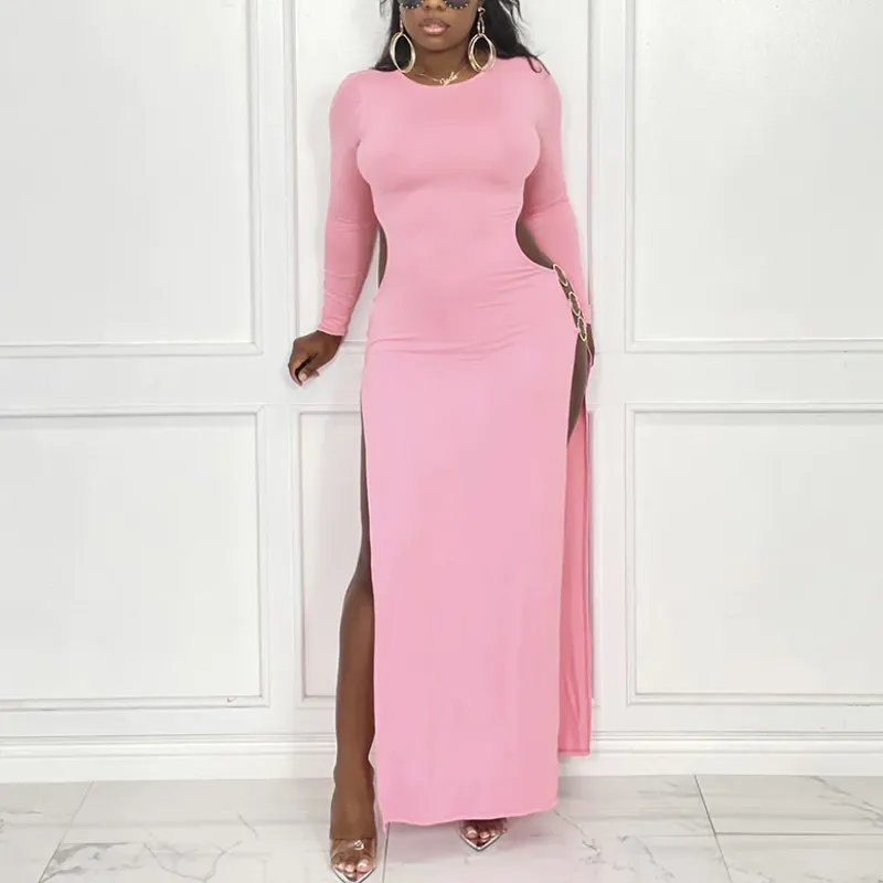 MB FASHION Long Sleeve Maxi Dress with High Slit and Chain Detail 8129R