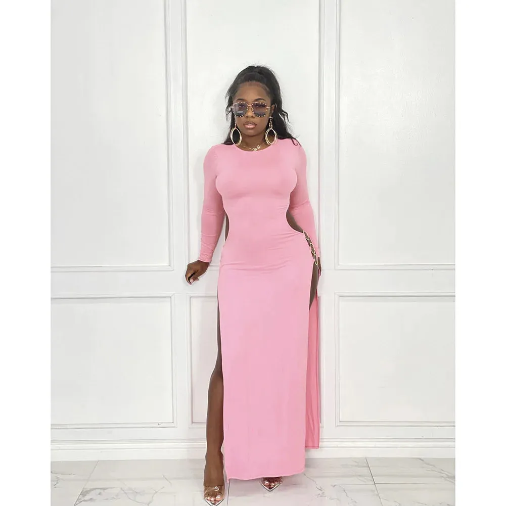 MB FASHION Long Sleeve Maxi Dress with High Slit and Chain Detail 8129R