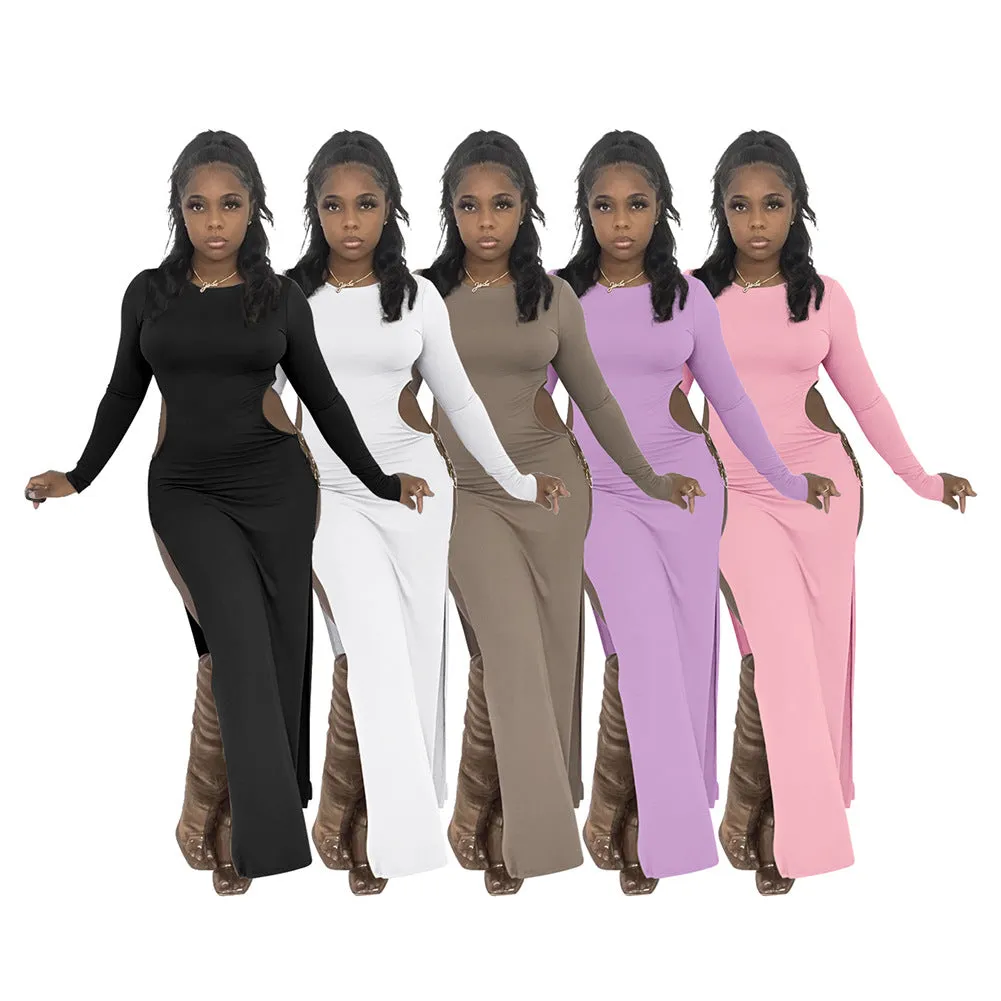 MB FASHION Long Sleeve Maxi Dress with High Slit and Chain Detail 8129R