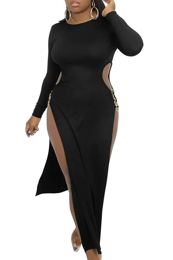 MB FASHION Long Sleeve Maxi Dress with High Slit and Chain Detail 8129R
