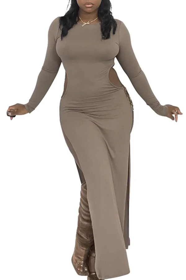 MB FASHION Long Sleeve Maxi Dress with High Slit and Chain Detail 8129R
