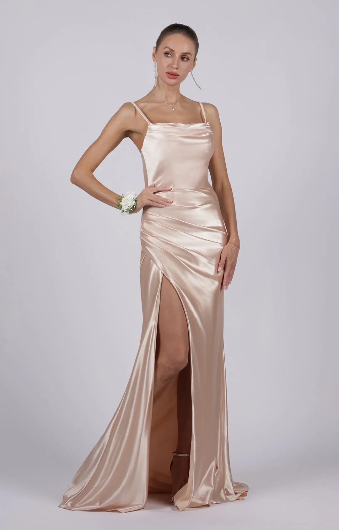 Mermaid Cowl Neck High Split Sweep Train Dresses
