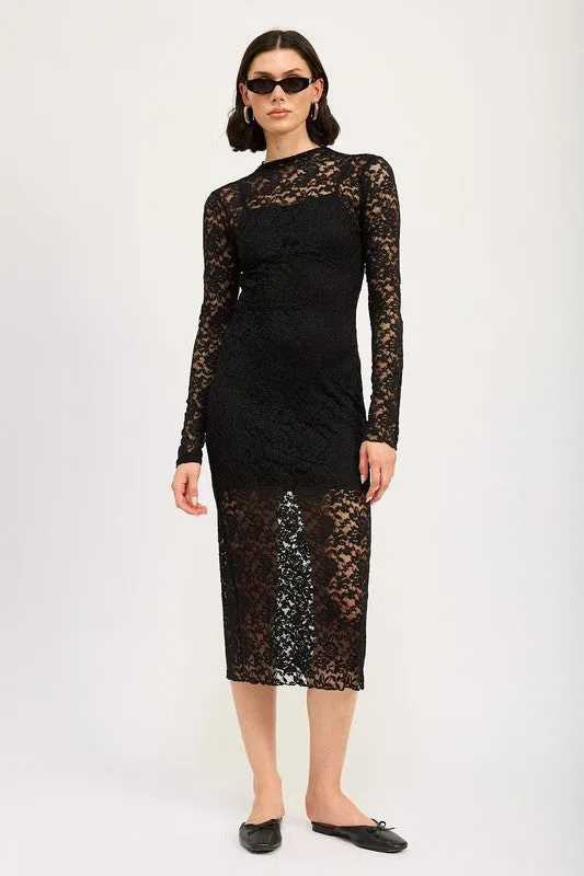 MOCK NECK MIDI LACE DRESS