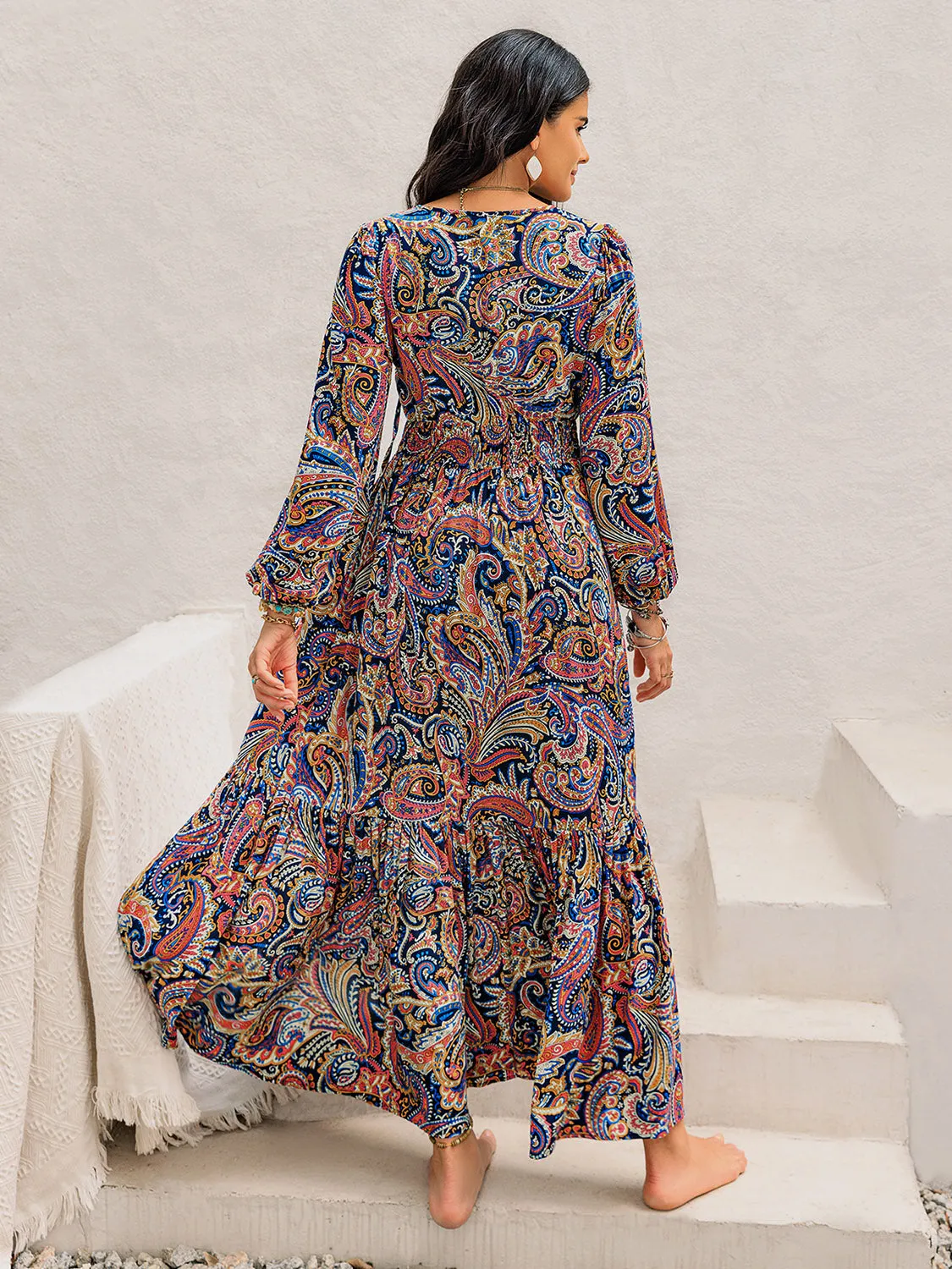 Multicolor Ruched Tie Neck Midi Dress with Long Sleeve