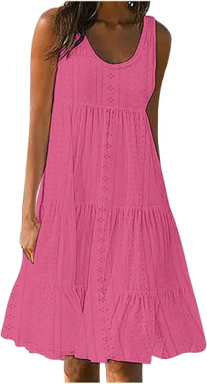 Mzkdieey Women's Eyelet Dresses Summer Tiered Ruffle Hem Mini Swing Dress Casual Sleeveless Crew Neck Flowy Beach Dress