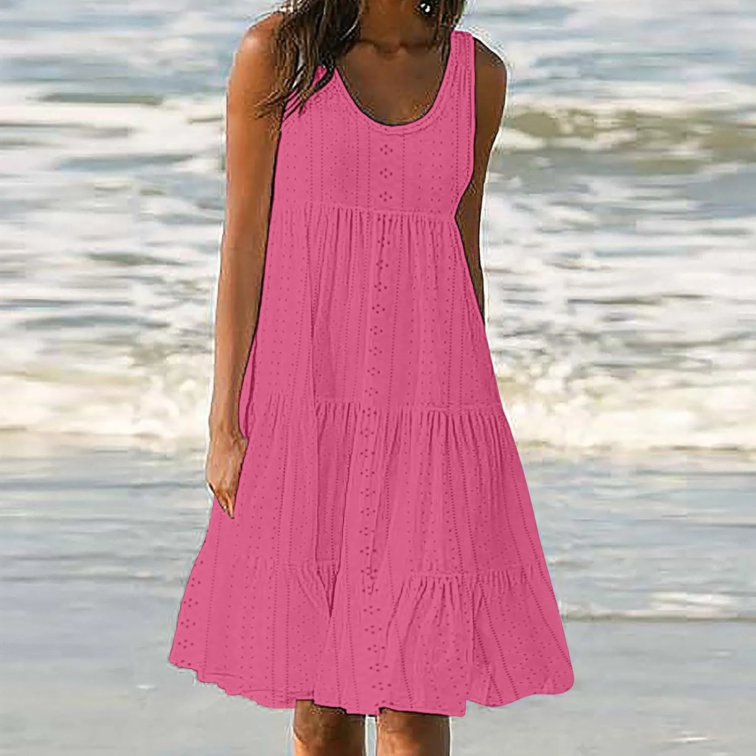 Mzkdieey Women's Eyelet Dresses Summer Tiered Ruffle Hem Mini Swing Dress Casual Sleeveless Crew Neck Flowy Beach Dress