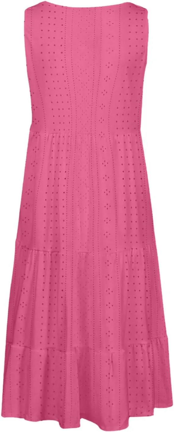 Mzkdieey Women's Eyelet Dresses Summer Tiered Ruffle Hem Mini Swing Dress Casual Sleeveless Crew Neck Flowy Beach Dress