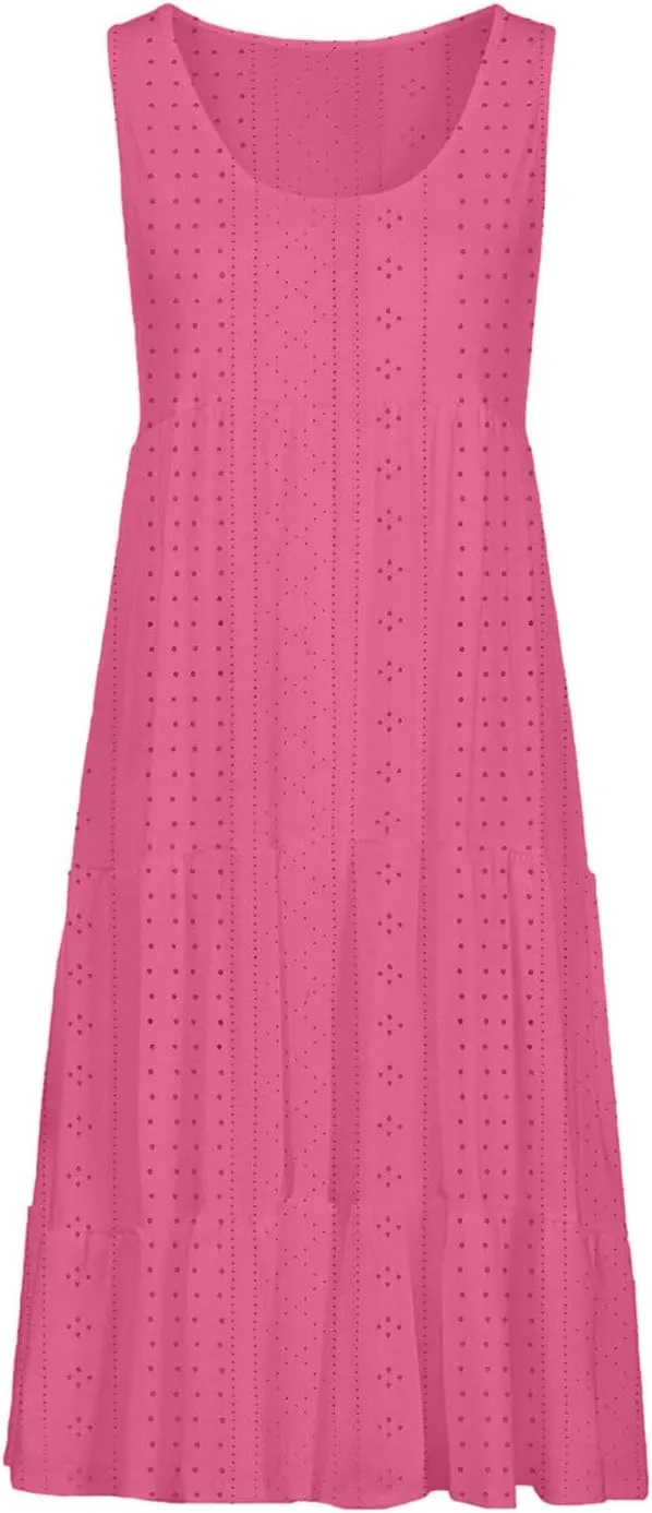 Mzkdieey Women's Eyelet Dresses Summer Tiered Ruffle Hem Mini Swing Dress Casual Sleeveless Crew Neck Flowy Beach Dress