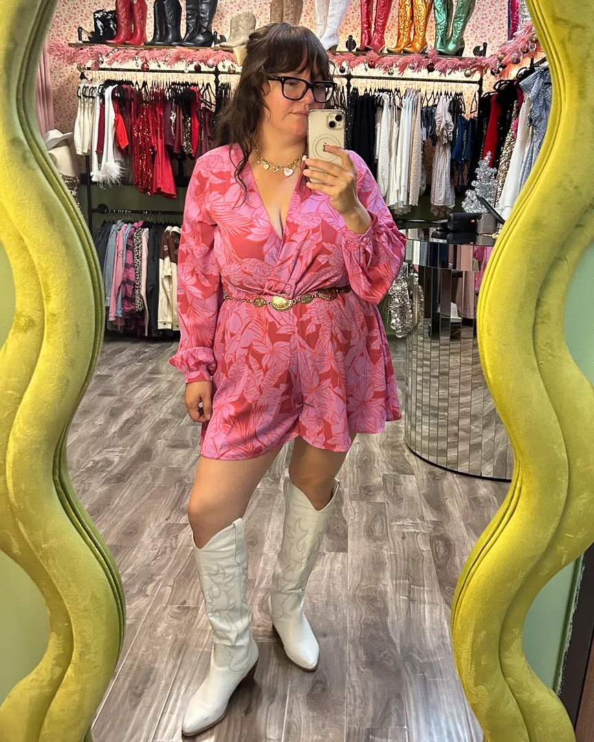 Pink Multi Tropical Print Plunging Romper