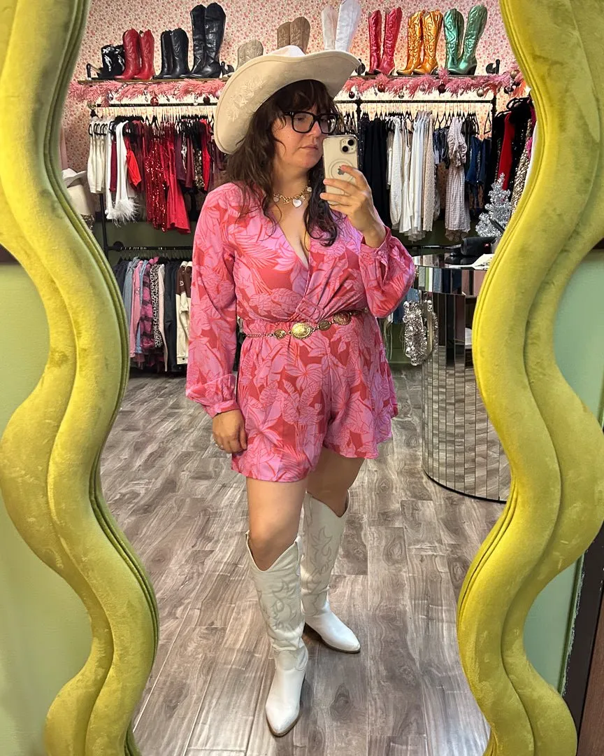 Pink Multi Tropical Print Plunging Romper