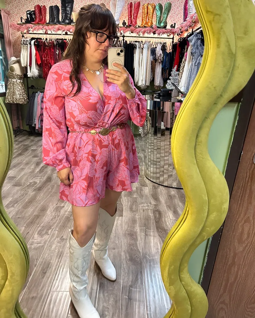 Pink Multi Tropical Print Plunging Romper