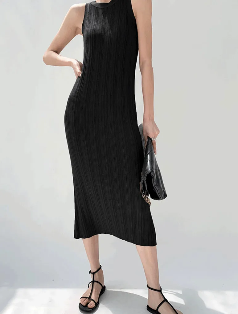 Pleated Tank Midi Dress in Black