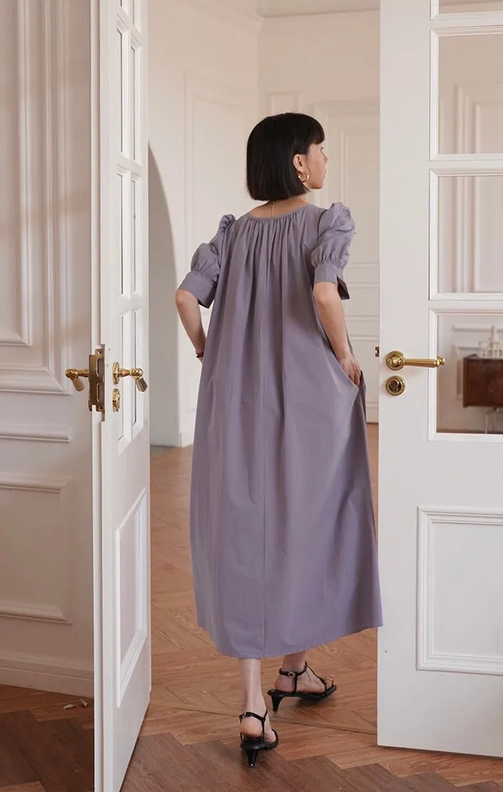 Puff Sleeve Pocket Tent Maxi Dress in Purple