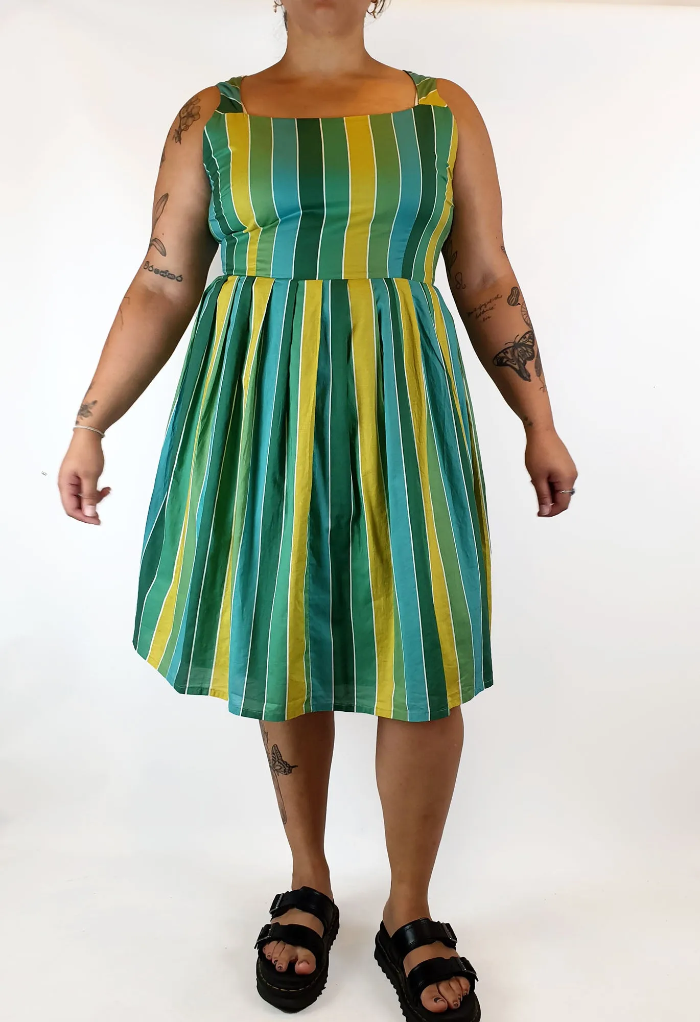 Revival green, blue and mustard striped dress size 16