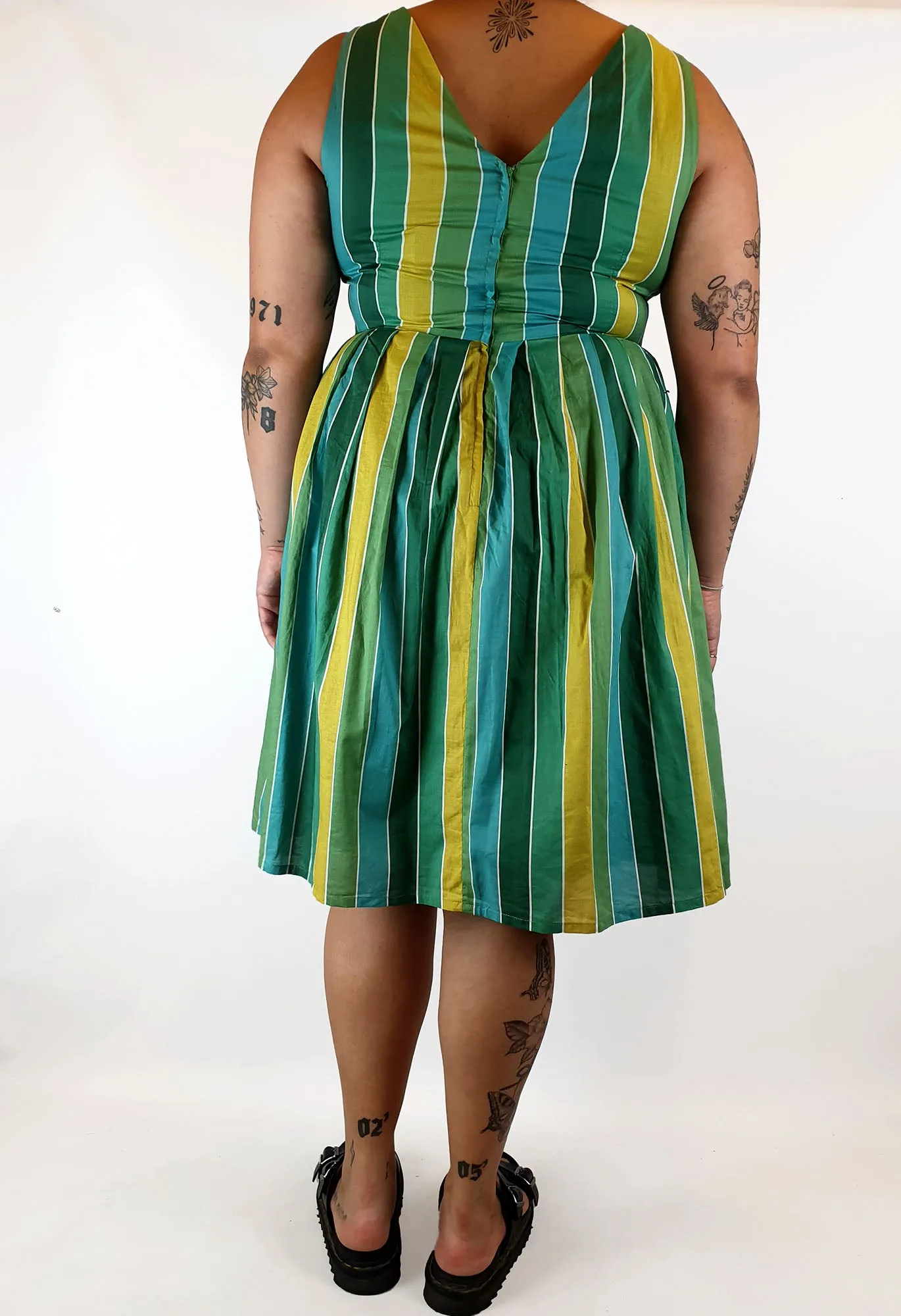 Revival green, blue and mustard striped dress size 16