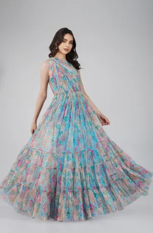 Roka Floral One Shoulder Maxi Dress in Blue