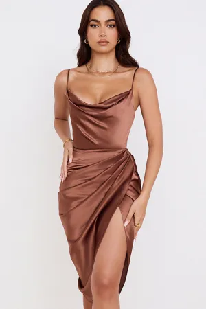 Ruched Cowl Neck Tulip Hem Dress