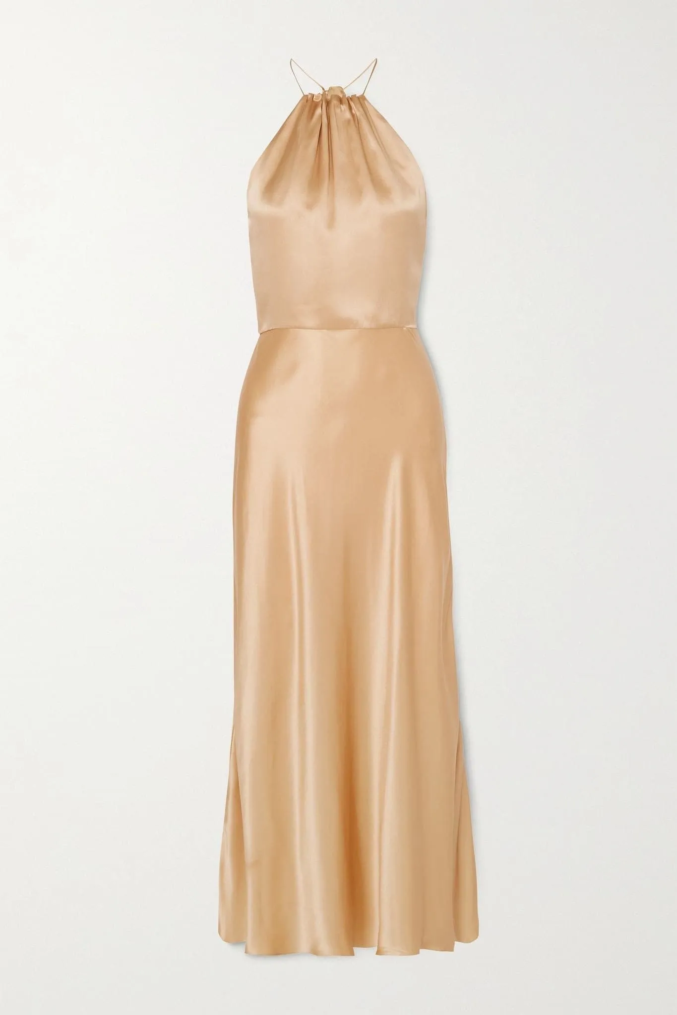 Silk-satin halterneck midi dress in golden hues