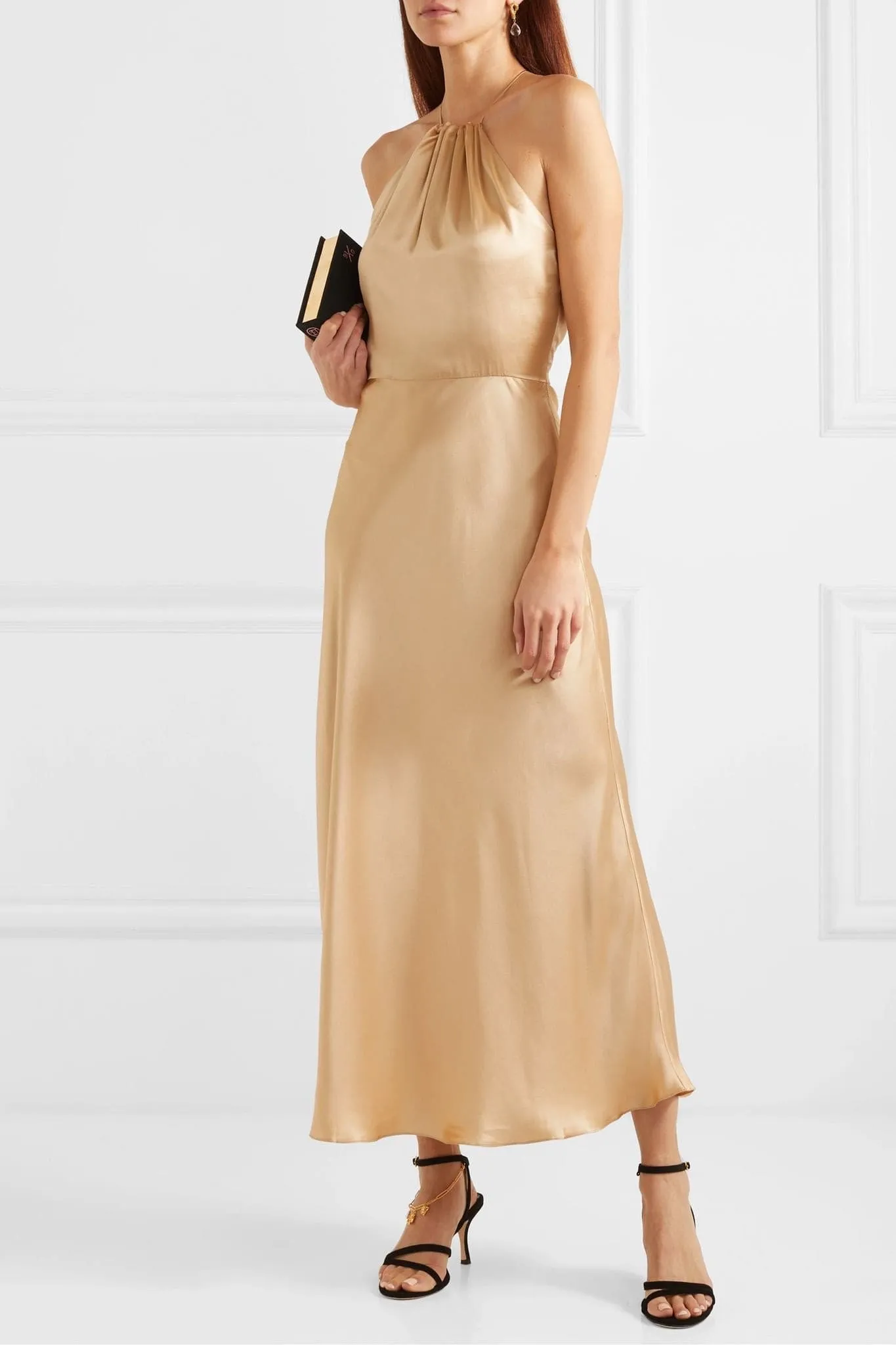 Silk-satin halterneck midi dress in golden hues