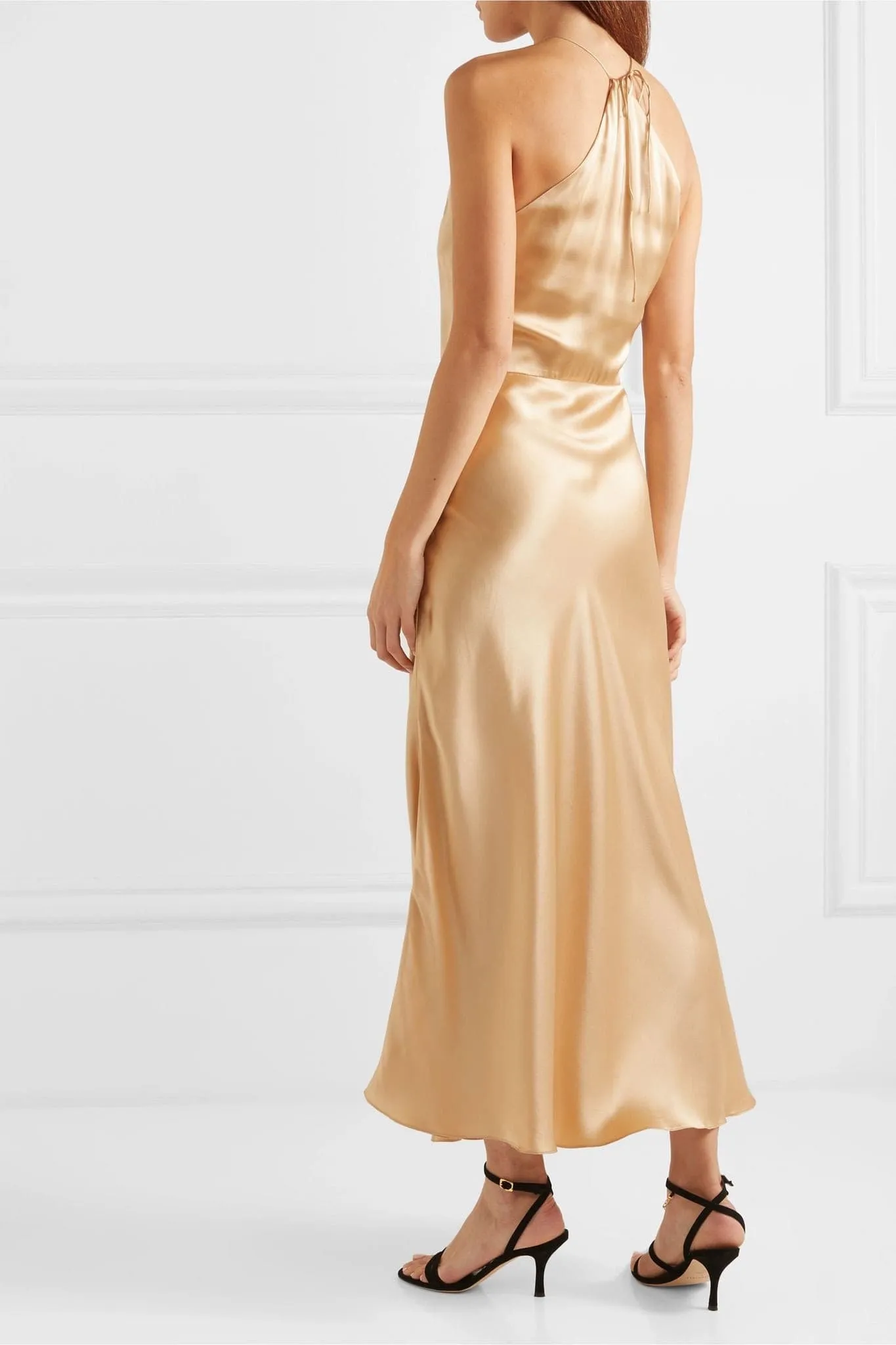 Silk-satin halterneck midi dress in golden hues