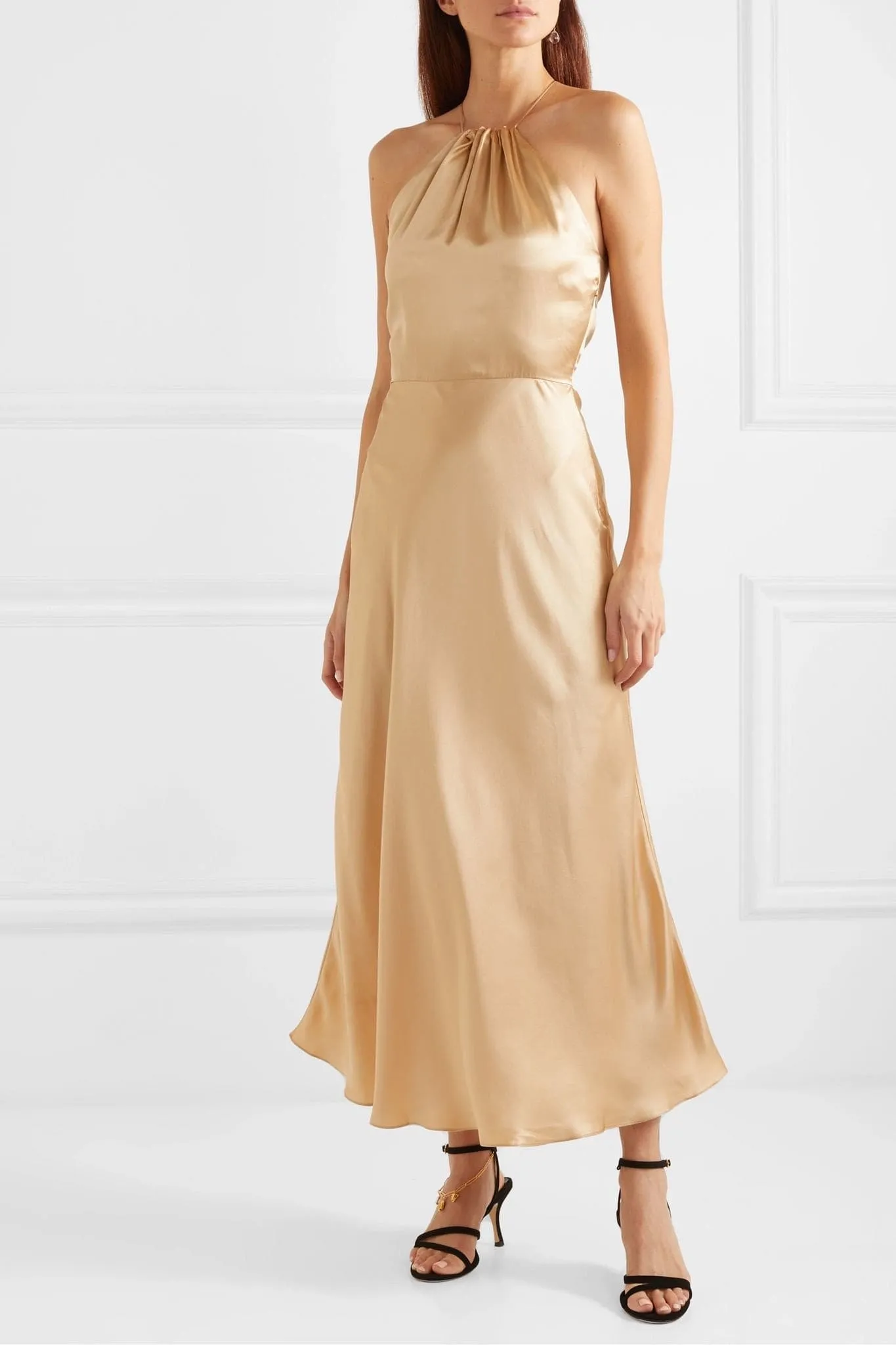Silk-satin halterneck midi dress in golden hues