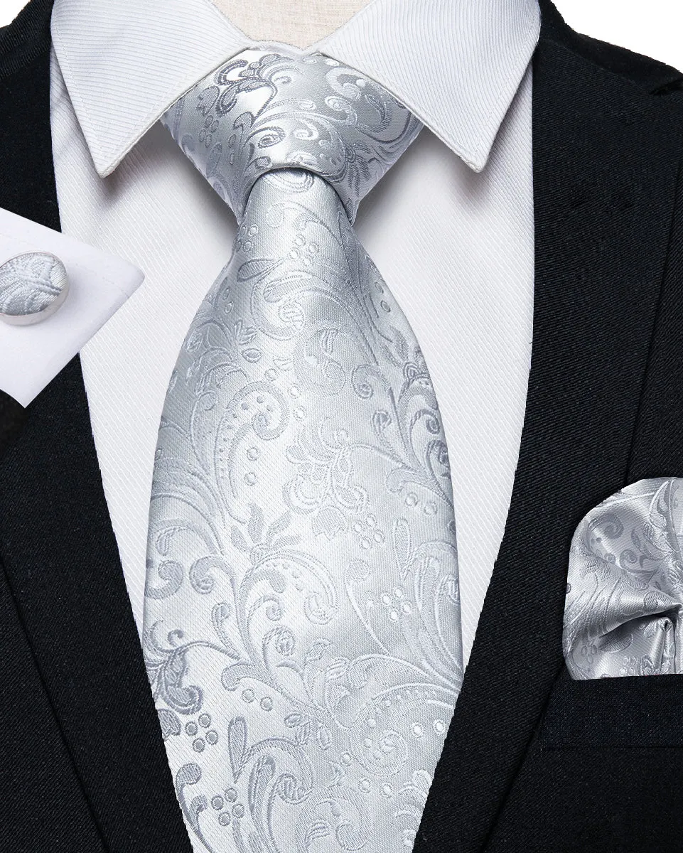 Silver Floral Tie Hanky Cufflinks Set