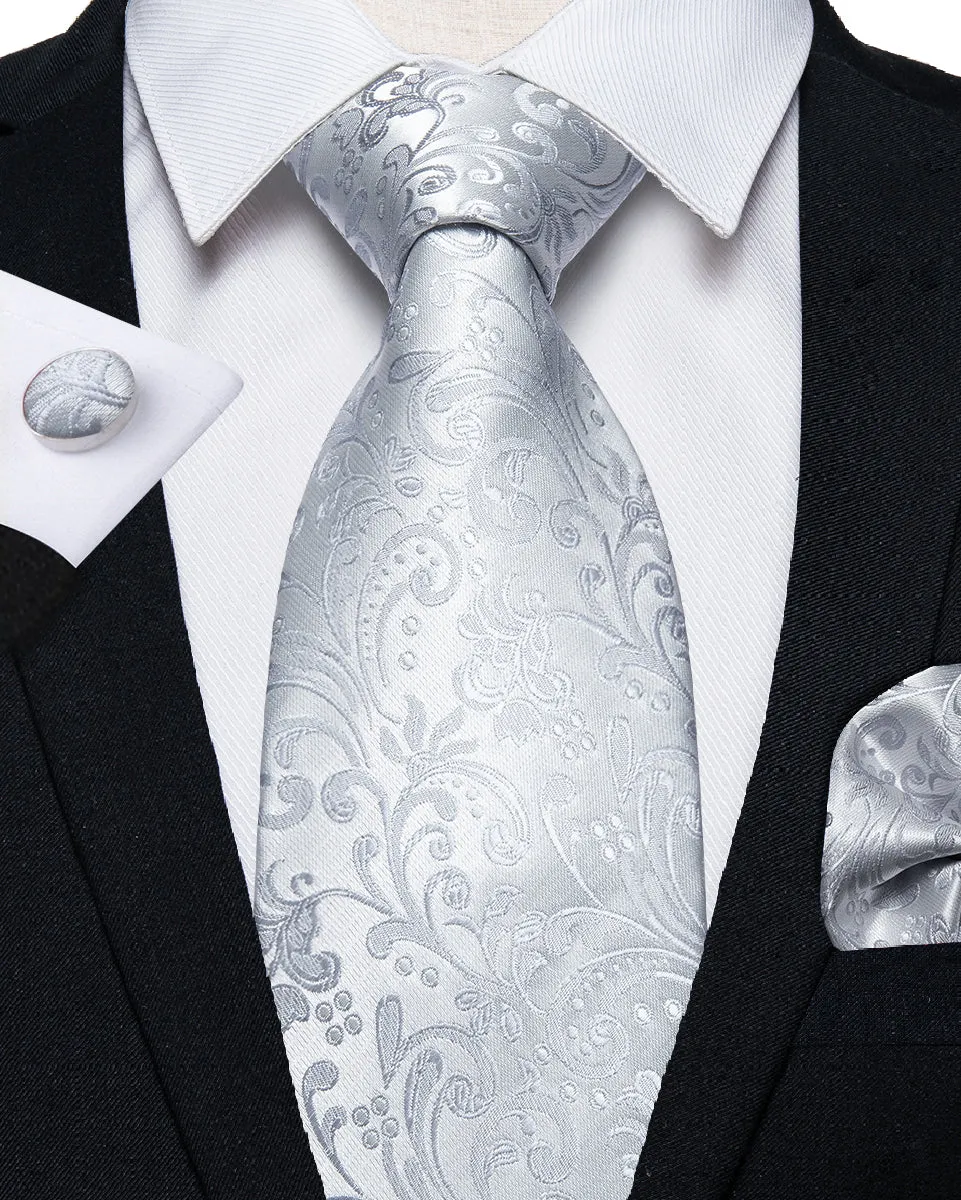 Silver Floral Tie Hanky Cufflinks Set