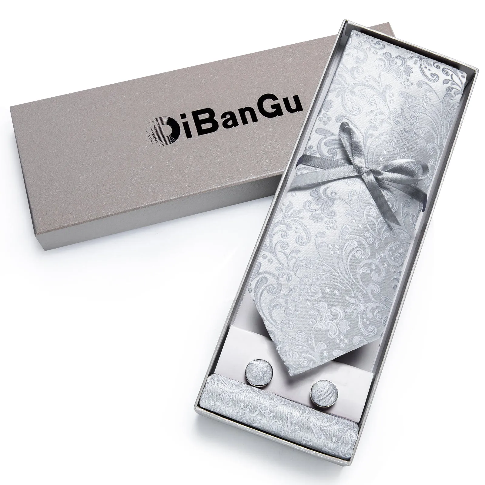 Silver Floral Tie Hanky Cufflinks Set