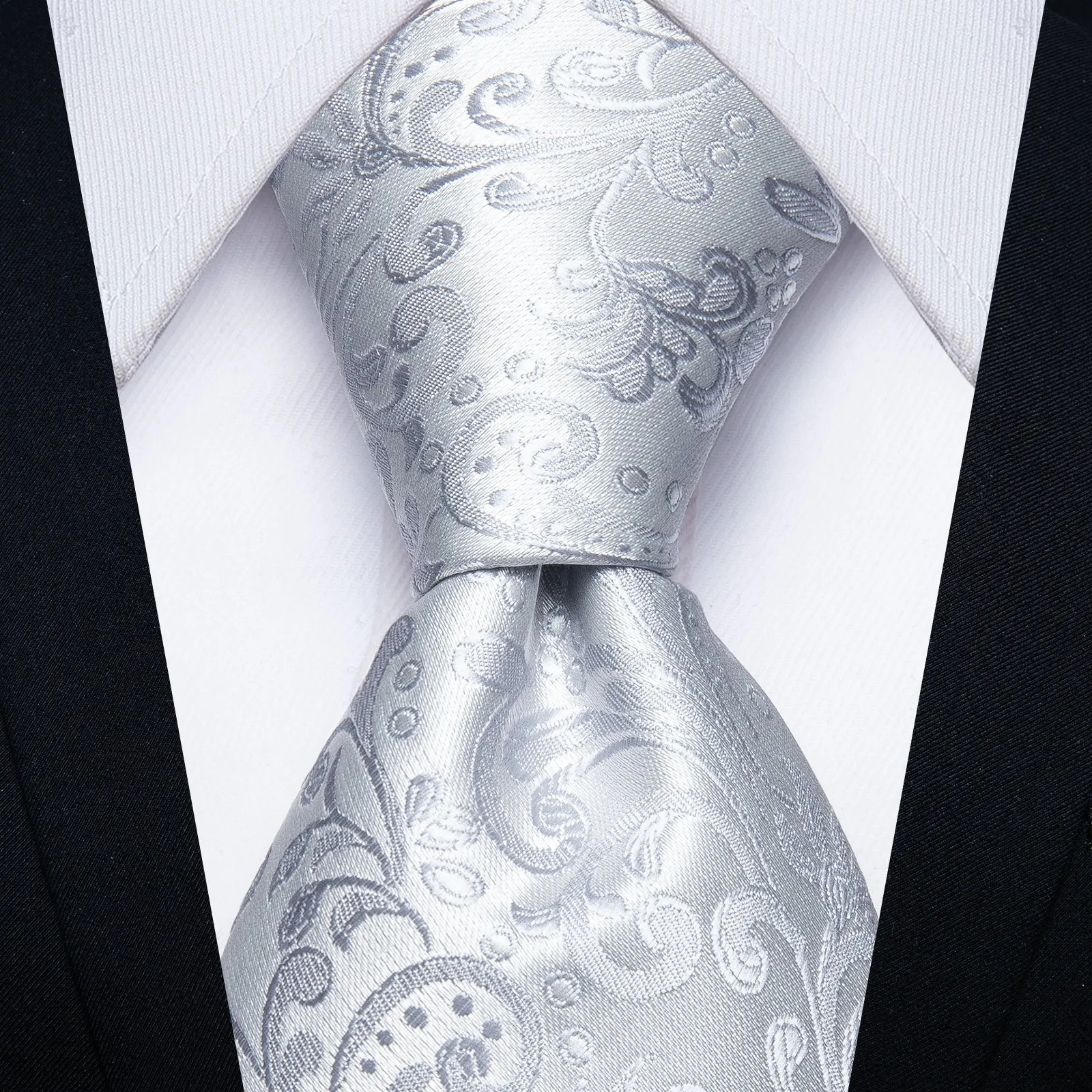 Silver Floral Tie Hanky Cufflinks Set