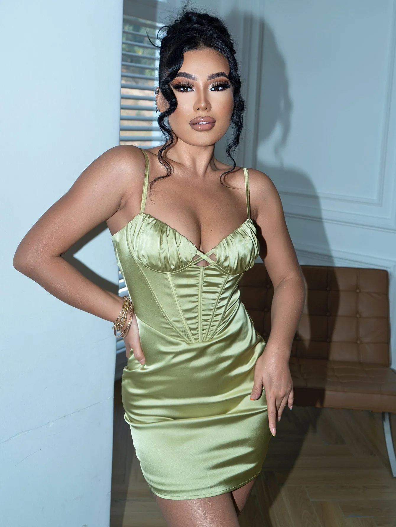 Spaghetti Strap Ruched Cami Bodycon Dress