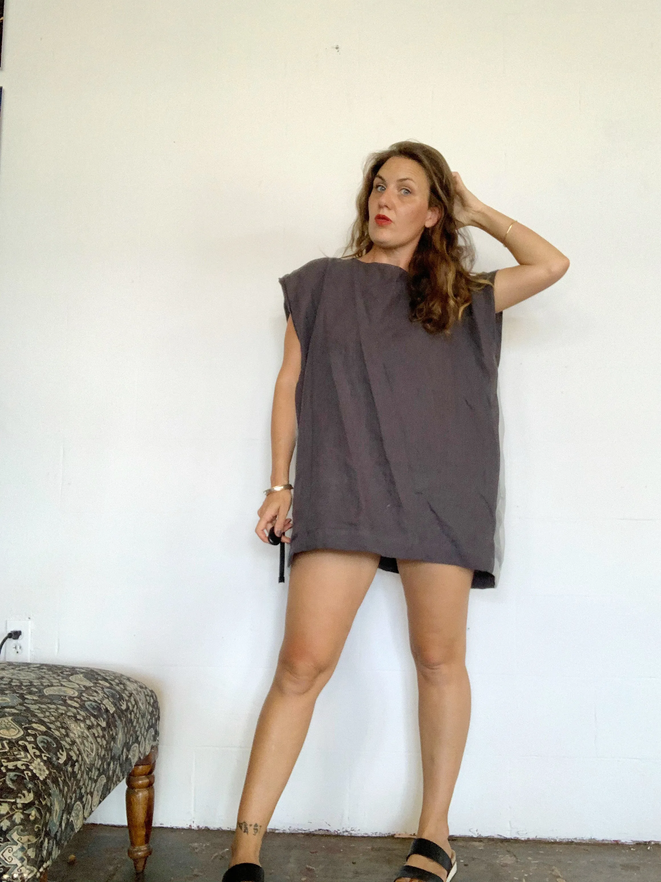 Square linen windowpane dress