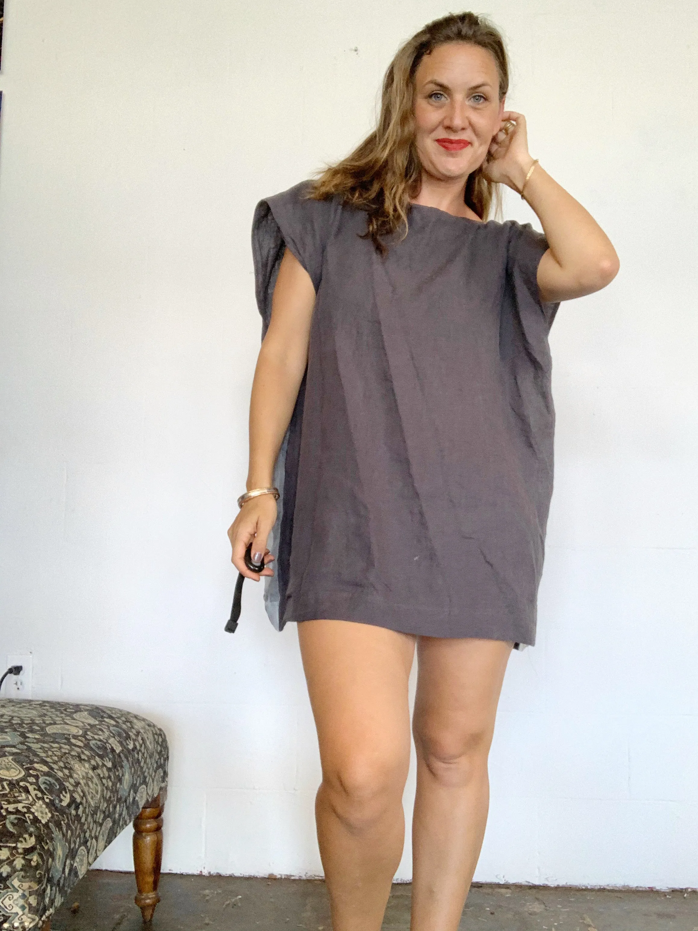 Square linen windowpane dress