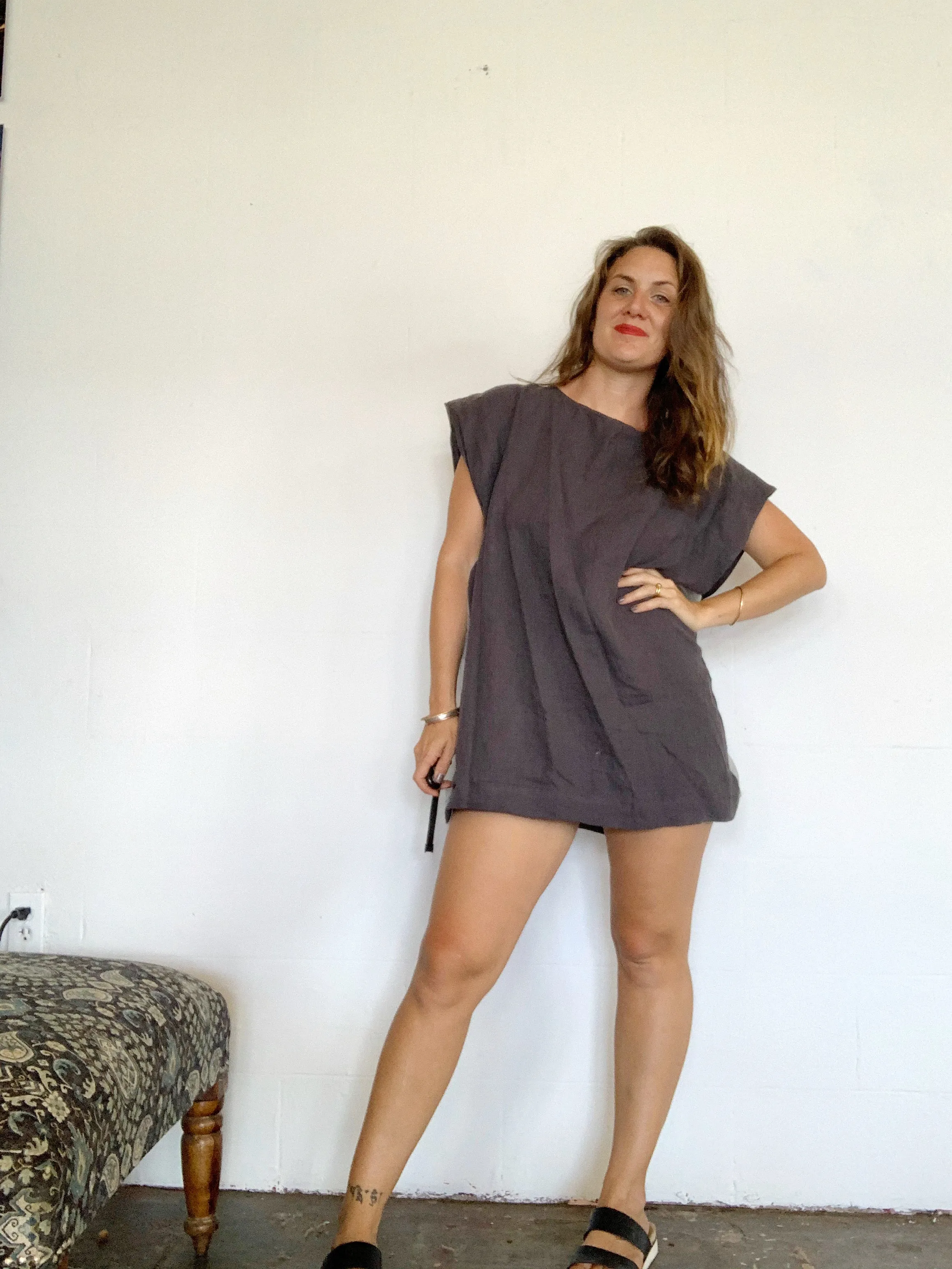 Square linen windowpane dress