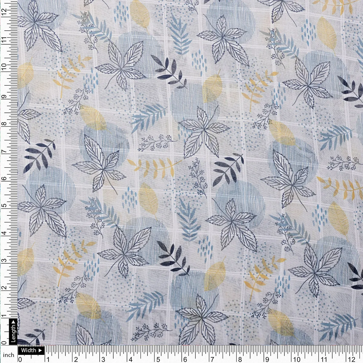 Stunning Linen Fabric Adorned with Vibrant Feathers and Leaves