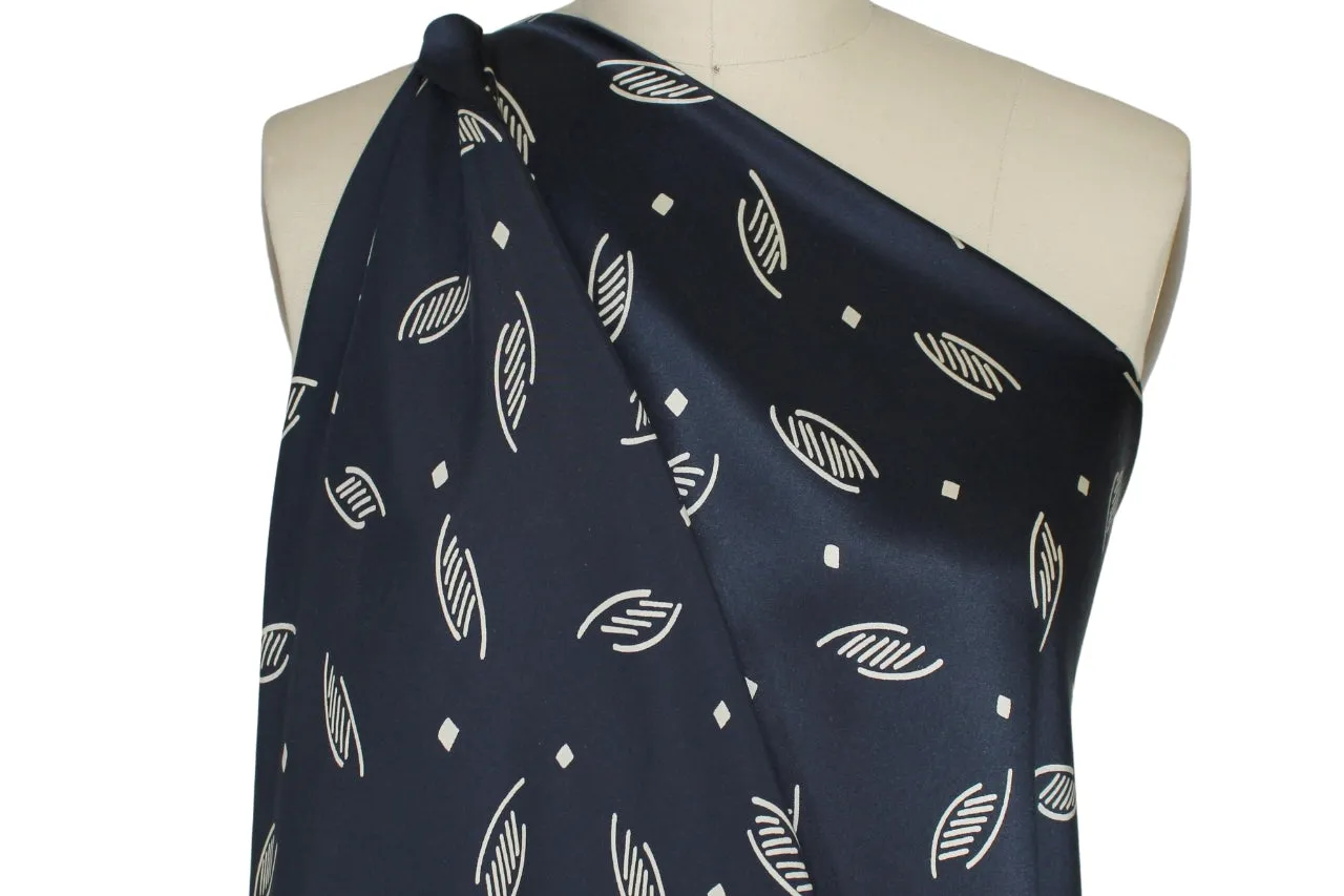 Stylized Leaf Print Silk Charmeuse - Cream on Navy