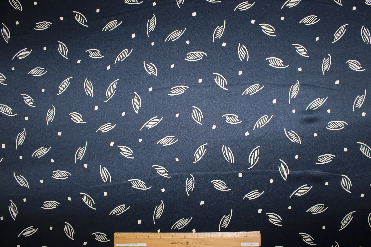 Stylized Leaf Print Silk Charmeuse - Cream on Navy