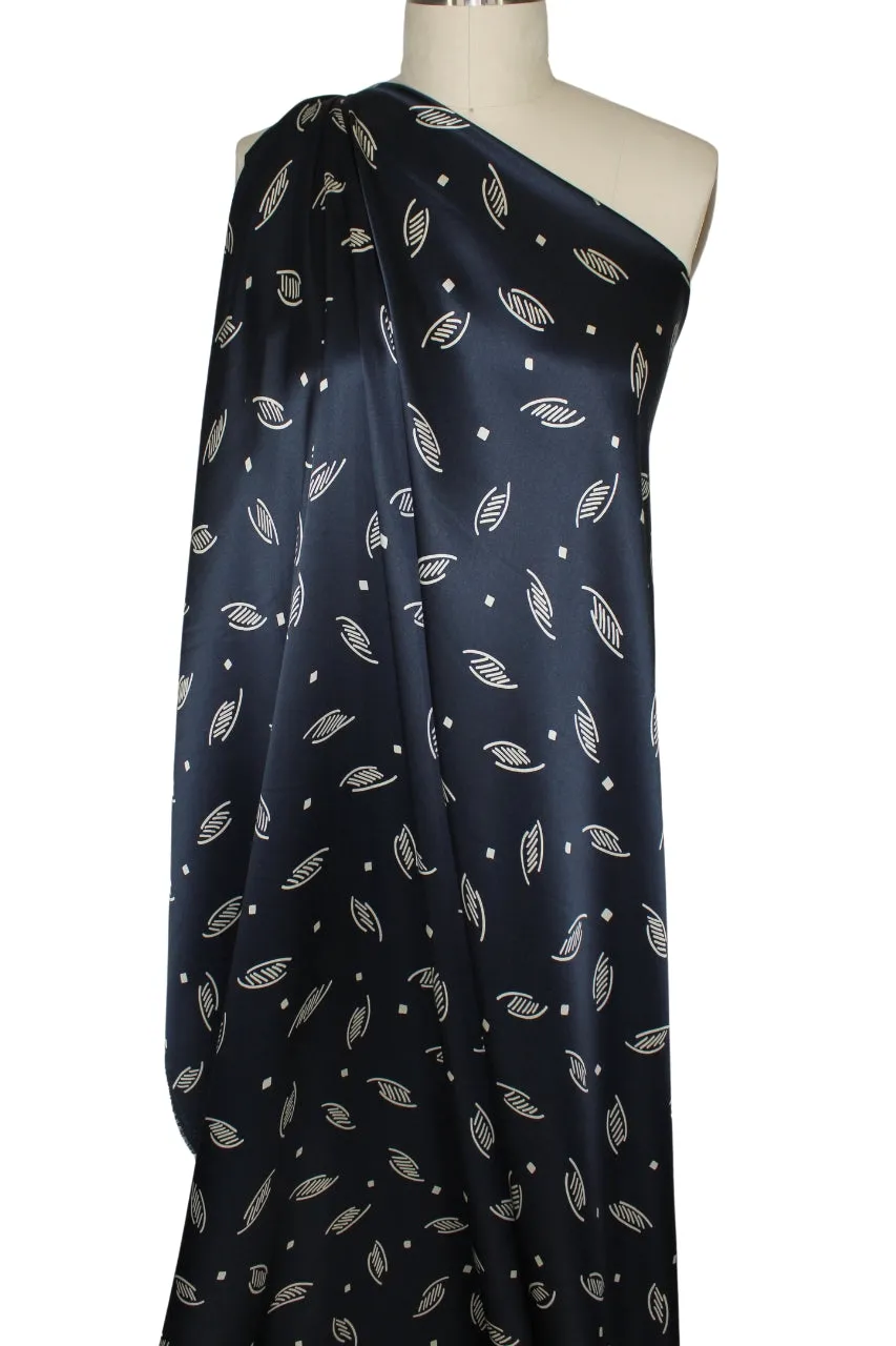 Stylized Leaf Print Silk Charmeuse - Cream on Navy