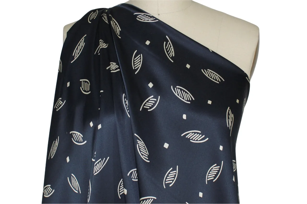 Stylized Leaf Print Silk Charmeuse - Cream on Navy