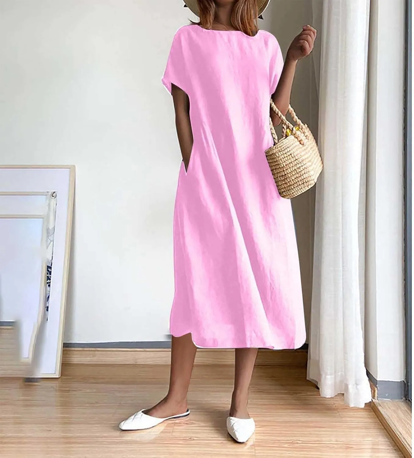 Summer Beach Dresses for Women 2025 Short Sleeve Cotton Linen Midi Dress Flowy A Line Dresses Shirt Dress with Pocket