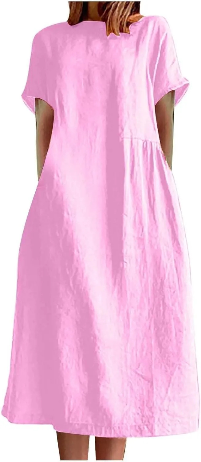 Summer Beach Dresses for Women 2025 Short Sleeve Cotton Linen Midi Dress Flowy A Line Dresses Shirt Dress with Pocket