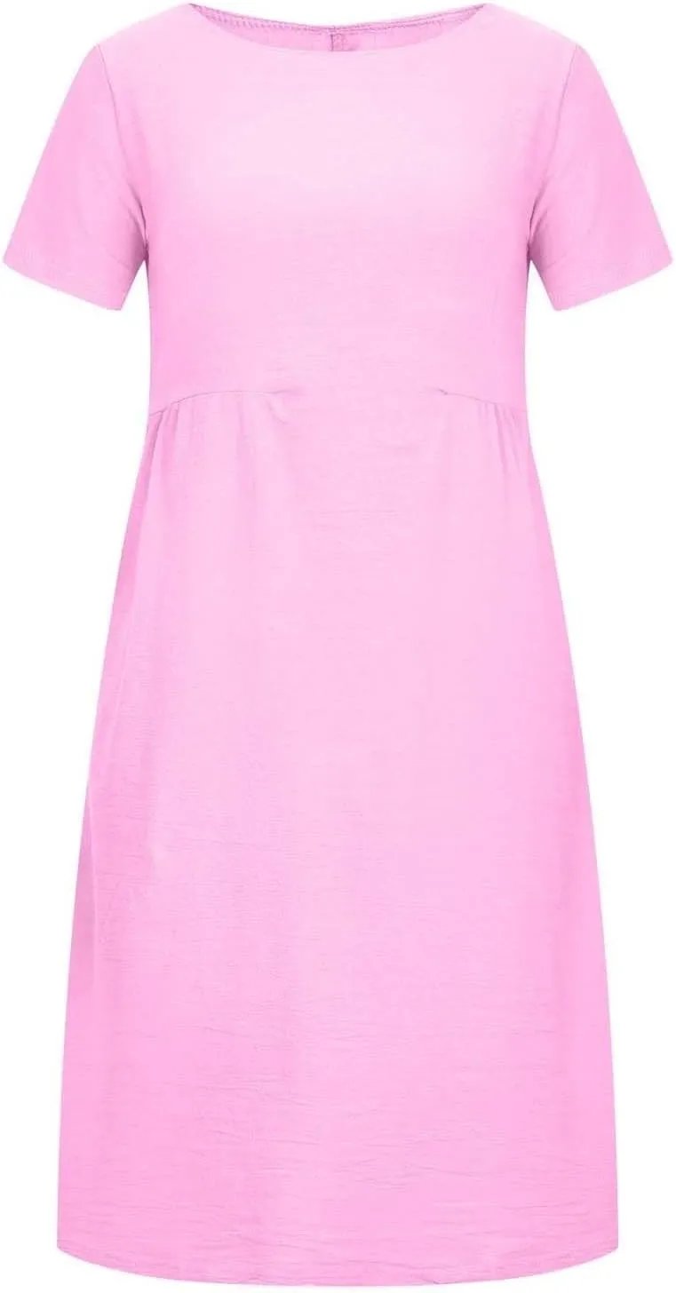 Summer Beach Dresses for Women 2025 Short Sleeve Cotton Linen Midi Dress Flowy A Line Dresses Shirt Dress with Pocket
